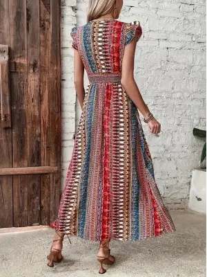 Omarı Şık Desenli Yandan Yırtmaçlı Kadın Elbisesi