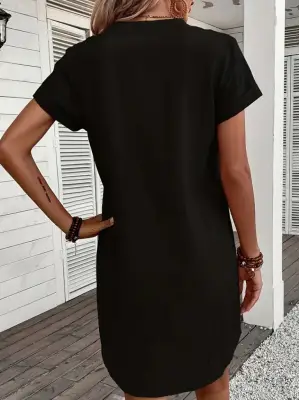 Kadın Kısa Kollu V Yakalı Düğmeli Müslim Kısa Elbise