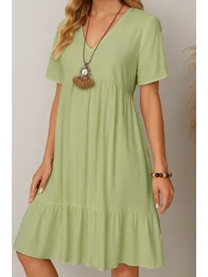 Kadın Kısa Kollu V Yakalı Fırfırlı Bürümcük Elbise