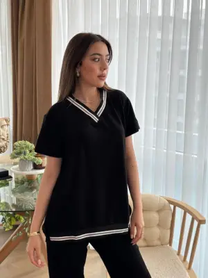 Kadın Kısa Kollu V Yakalı Iki Iplik Bluz Ve Pantolon Ikili Takım