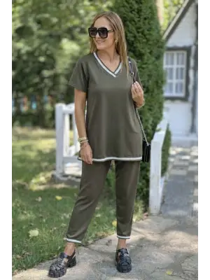 Kadın Kısa Kollu V Yakalı Iki Iplik Bluz Ve Pantolon Ikili Takım