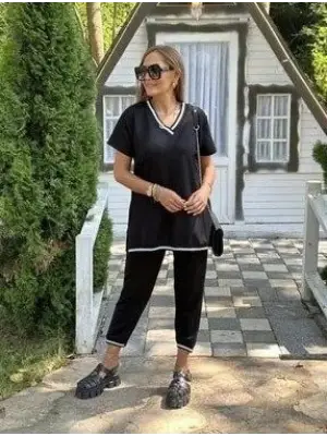 Kadın Kısa Kollu V Yakalı Iki Iplik Bluz Ve Pantolon Ikili Takım