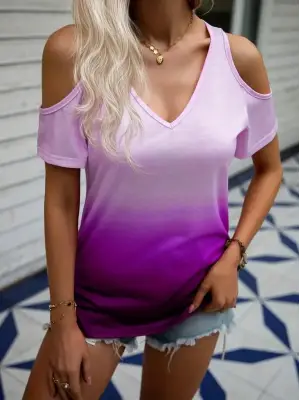 Kadın Kısa Kollu V Yakalı Iki Omuzu Açık Baskılı Süprem Bluz