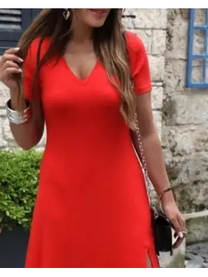 Kadın Kısa Kollu V Yakalı Maksi Boy Viskon Elbise