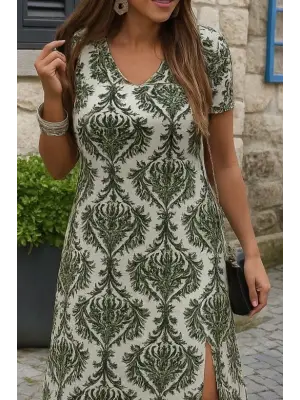 Kadın Kısa Kollu V Yakalı Maksi Boy Viskon Elbise