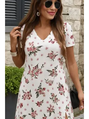 Kadın Kısa Kollu V Yakalı Maksi Boy Viskon Elbise