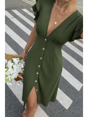 Kadın Kısa Kollu V Yakalı önden Düğmeli Bürümcük Midi Elbise