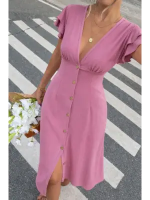 Kadın Kısa Kollu V Yakalı önden Düğmeli Bürümcük Midi Elbise