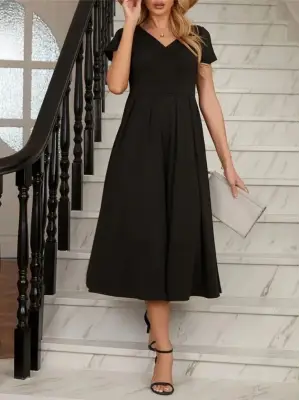 Omarı Şık V Yakalı Midi Krep Elbise