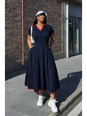 Kadın Kısa Kollu V Yakalı Pileli Uzun Janjan Krep Elbise