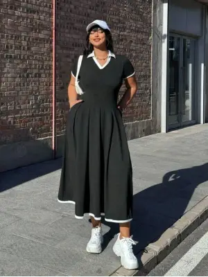 Kadın Kısa Kollu V Yakalı Pileli Uzun Janjan Krep Elbise