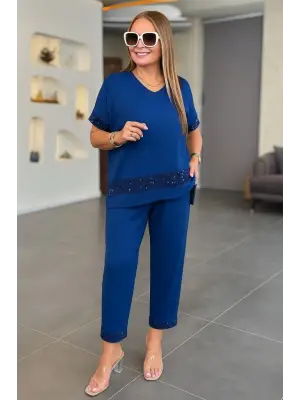 Kadın Kısa Kollu V Yakalı Pul Payetli Viskon Iki Iplik Bluz Ve Pantolon Ikili Takım