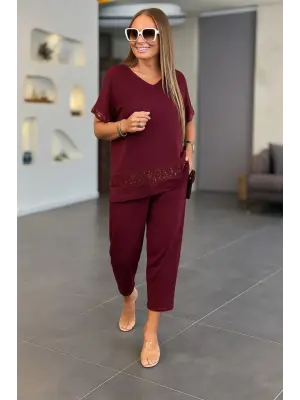 Kadın Kısa Kollu V Yakalı Pul Payetli Viskon Iki Iplik Bluz Ve Pantolon Ikili Takım