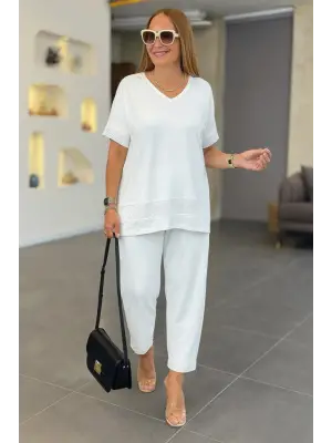 Kadın Kısa Kollu V Yakalı Pul Payetli Viskon Iki Iplik Bluz Ve Pantolon Ikili Takım