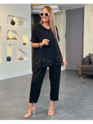 Kadın Kısa Kollu V Yakalı Pul Payetli Viskon Iki Iplik Bluz Ve Pantolon Ikili Takım