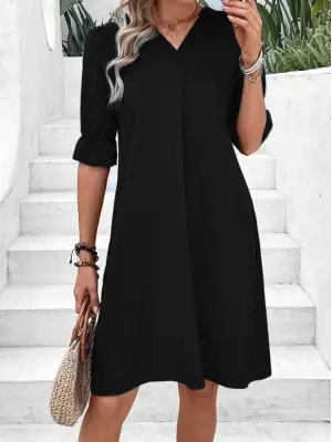 Kadın Kısa Kollu V Yakalı Salaş Janjan Krep Elbise