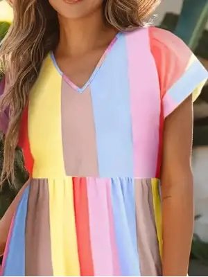 Kadın Kısa Kollu V Yakalı şerit Desenli Süprem Elbise