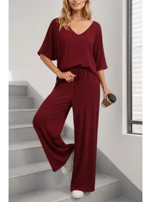 Kadın Kısa Kollu V Yakalı Viskon Bluz Ve Pantolon Ikili Takım