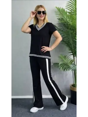 Kadın Kısa Kollu V Yakalı Viskon Iki Iplik Bluz Ve Pantolon Ikili Takım