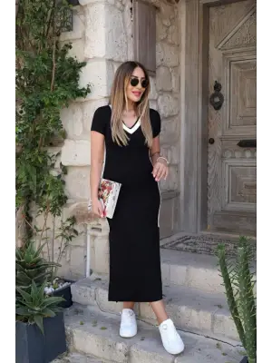 Kadın Kısa Kollu V Yakalı Yandan şerit Ve Yırtmaçlı Viskon Uzun Elbise