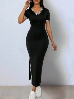 Kadın Kısa Kollu V Yakalı Yandan Yırtmaçlı Viskon Iki Iplik Elbise