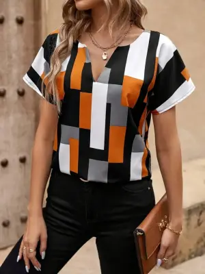 Kadın Kısa Kollu V Yakalı Yarasa Kollu Atlas Bluz