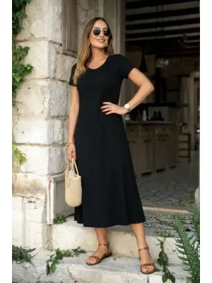 Kadın Kısa Kollu V Yakalı Yırtmaçlı Midi Viskon Elbise