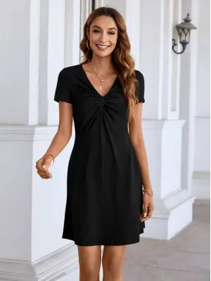 Kadın Kısa Kollu Yaka Detay Viskon Elbise