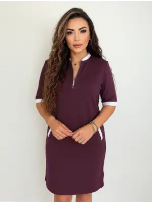 Kadın Kısa Kollu Yakadan Fermuarlı Cepli Yandan Yırtmaçlı Viskon Elbise