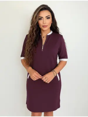 Kadın Kısa Kollu Yakadan Fermuarlı Cepli Yandan Yırtmaçlı Viskon Elbise