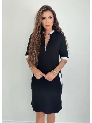 Kadın Kısa Kollu Yakadan Fermuarlı Cepli Yandan Yırtmaçlı Viskon Elbise