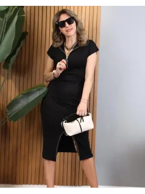 Kadın Kısa Kollu Yakadan Ve Eteği Fermuarlı Viskon Iki Iplik Midi Elbise