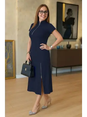 Kadın Kısa Kollu Yakadan Ve Etekten Fermuarlı Midi Viskon Iki Iplik Elbise