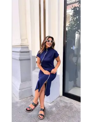 Kadın Kısa Kollu Yakadan Ve Etekten Fermuarlı Midi Viskon Iki Iplik Elbise
