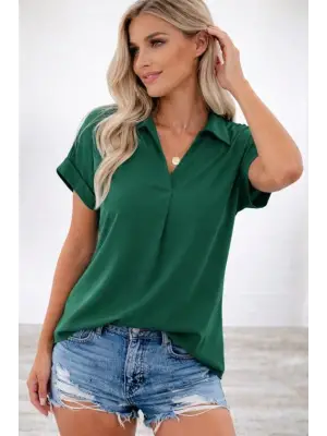 Kadın Kısa Kollu Yakalı Dokuma Viskon Bluz