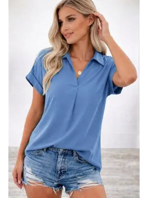 Kadın Kısa Kollu Yakalı Dokuma Viskon Bluz