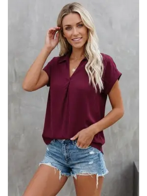 Kadın Kısa Kollu Yakalı Dokuma Viskon Bluz