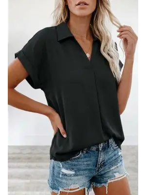 Kadın Kısa Kollu Yakalı Dokuma Viskon Bluz