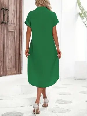 Kadın Kısa Kollu Yakalı Düğme Detay Midi Dokuma Elbise