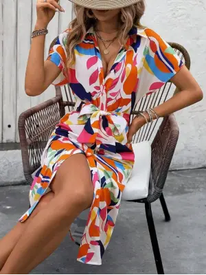 Kadın Kısa Kollu Yakalı önü Düğmeli önden Drapeli Desenli Süprem Elbise