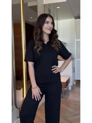 Kadın Kısa Kollu Yakalı Viskon Iki Iplik Bluz Ve Pantolon Ikili Takım