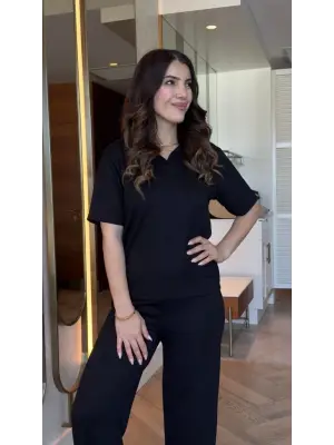 Kadın Kısa Kollu Yakalı Viskon Iki Iplik Bluz Ve Pantolon Ikili Takım