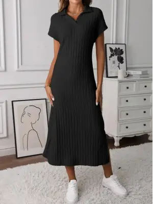 Kadın Kısa Kollu Yakalı Yandan Yırtmaçlı Kalın Fitilli Kaşkorse Elbise