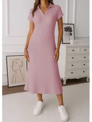 Kadın Kısa Kollu Yakalı Yandan Yırtmaçlı Kalın Fitilli Kaşkorse Elbise