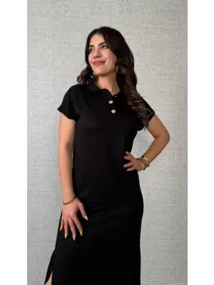 Omarı Elegan Viskon Elbise Yandan Yırtmaçlı ve Kısa Kollu