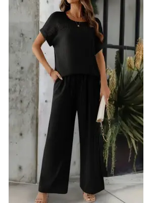 Kadın Kısa Kollu Yakası Açık Aerobin Bluz Ve Pantolon Ikili Takım