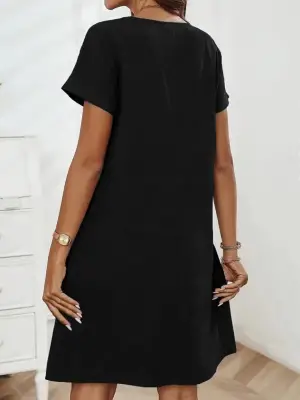 Omarı Fermuar Detaylı Kadın Kısa Kollu İthal Keten Elbise