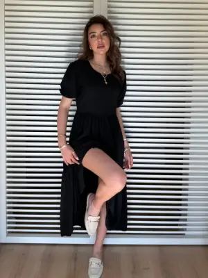 Kadın Kısa Kollu Yakası Açık Katlı Bürümcük Balon Elbise