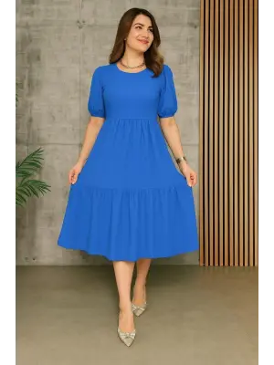 Kadın Kısa Kollu Yakası Açık Katlı Bürümcük Balon Elbise