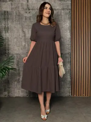 Kadın Kısa Kollu Yakası Açık Katlı Bürümcük Balon Elbise